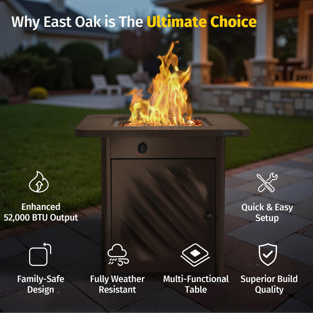 28" Outdoor Propane Fire Pit Table, 52,000 BTU with Lid & Lava Rocks, Brown