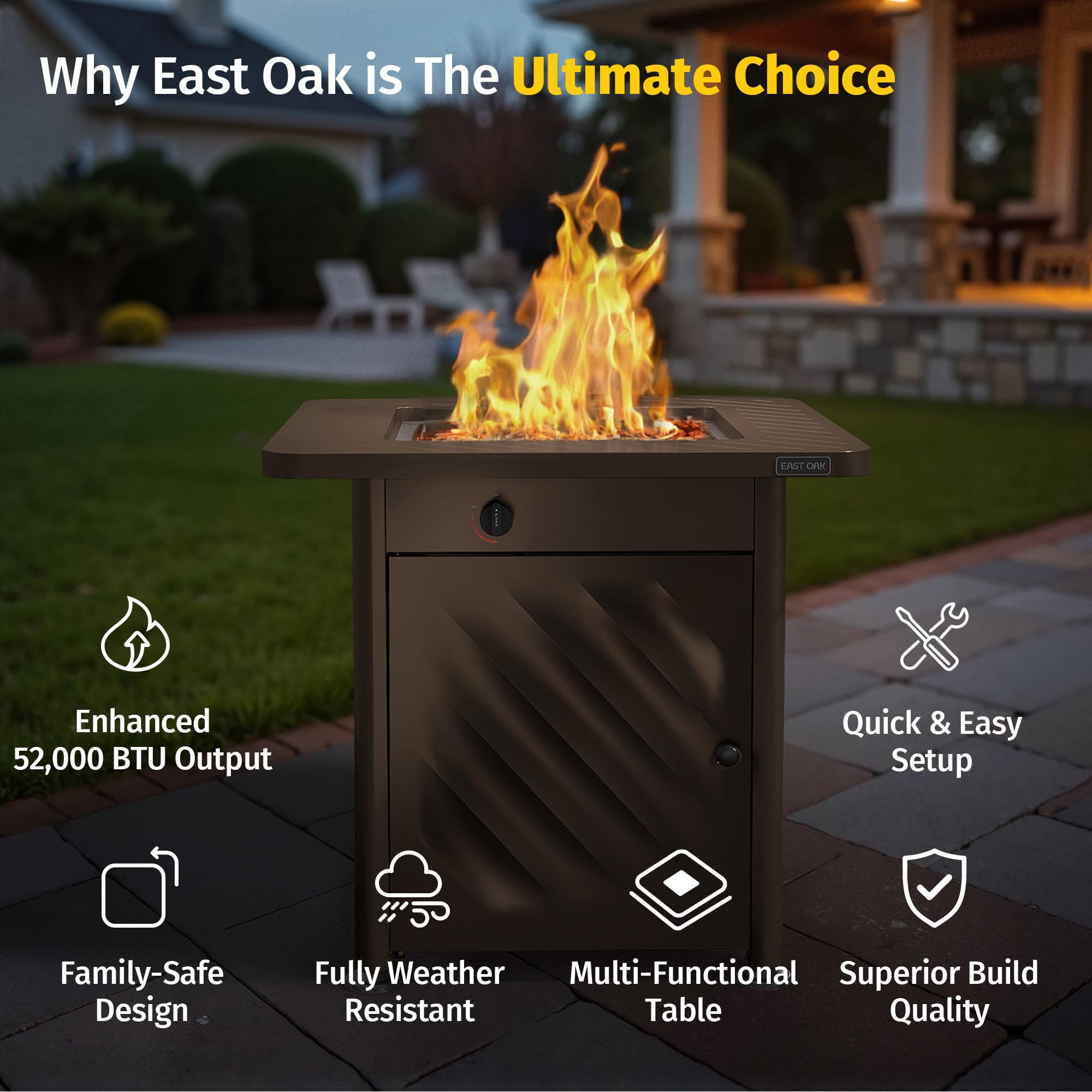 28" Outdoor Propane Fire Pit Table, 52,000 BTU with Lid & Lava Rocks, Brown