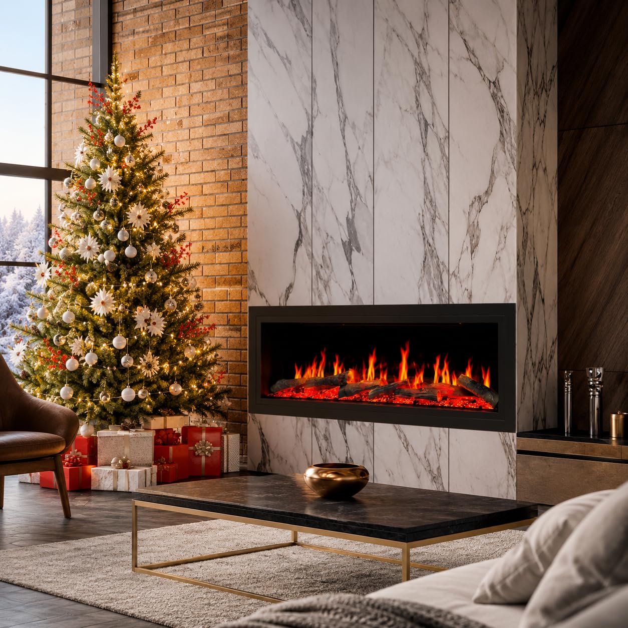 Ultra-Slim Electric Fireplace with Multi-Flame LED, Driftwood Logs, River Rocks & App Control 45"