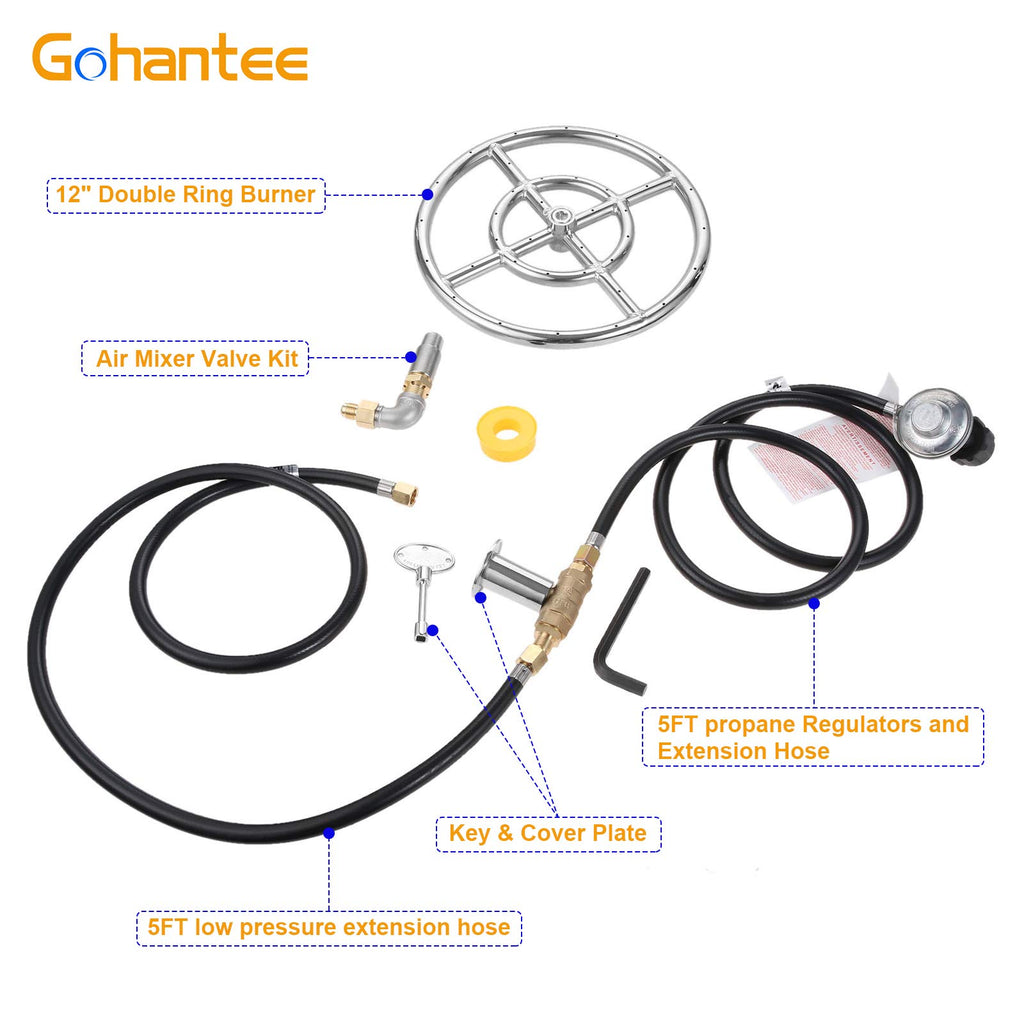 12" Stainless Steel Fire Pit Burner Kit with Valve Assembly, Propane Gas, 90,000 BTU
