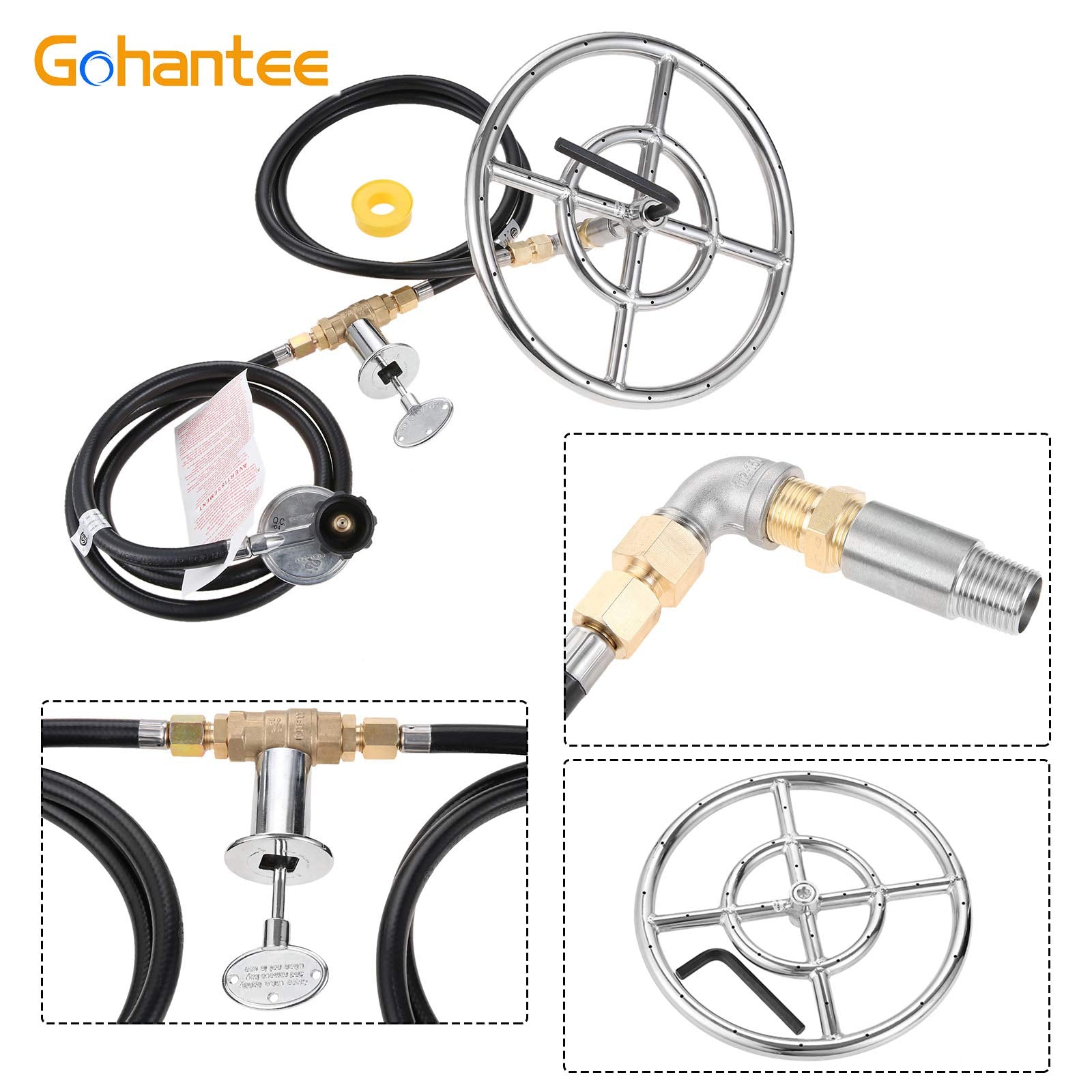12" Stainless Steel Fire Pit Burner Kit with Valve Assembly, Propane Gas, 90,000 BTU