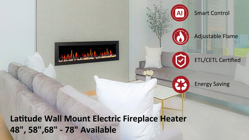 48" Wall-Mounted Electric Fireplace with Crackling Sound, App Control, Driftwood Logs & Remote, Black