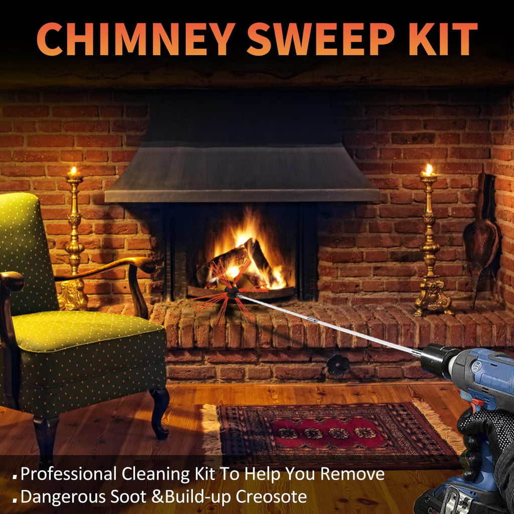 30 ft Chimney Sweep Kit with Rotary Brush and 9 Flexible Nylon Rods for Fireplace Cleaning