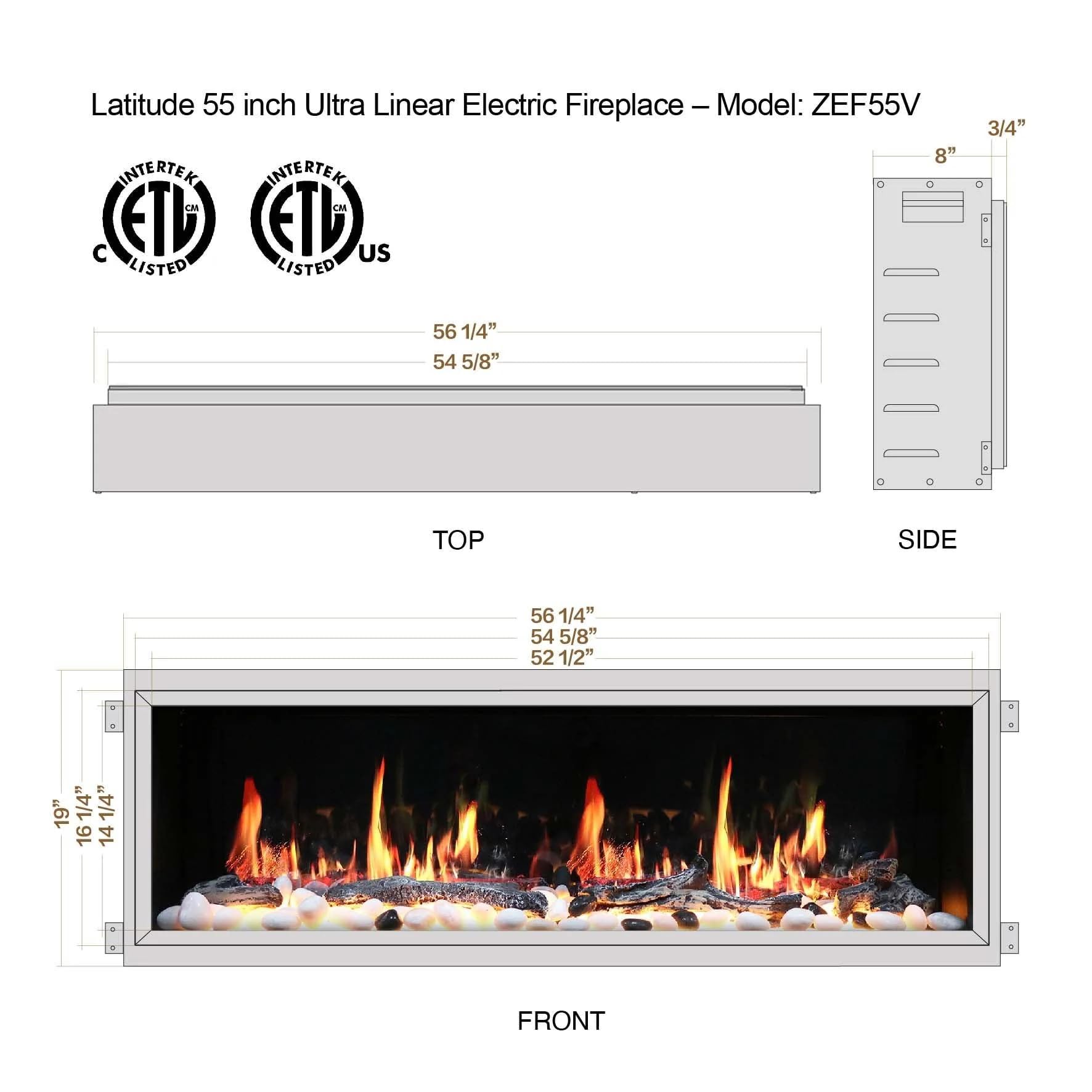 55" Smart Linear Electric Fireplace with App Control & Fire Sounds, Black