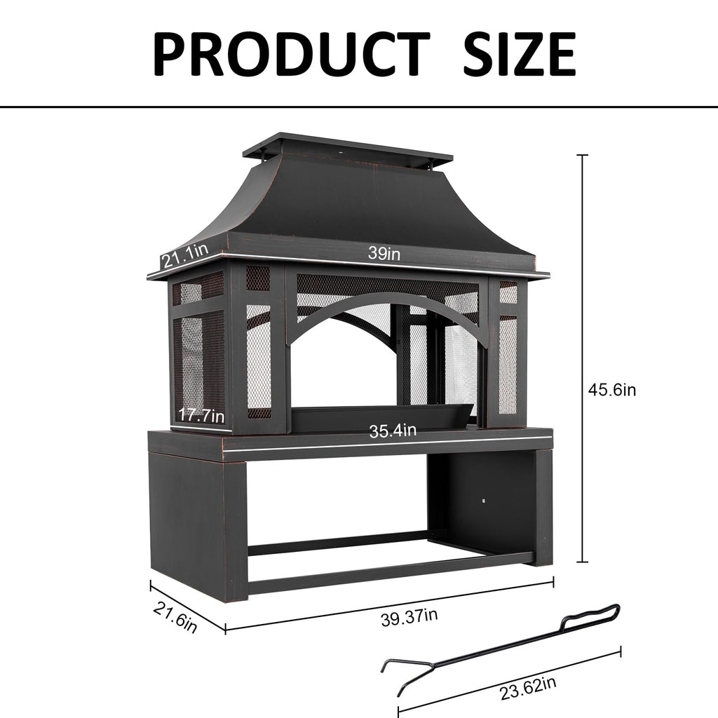 39" Wood-Burning Outdoor Fireplace with Chimney, Wood Storage, Spark Screen & Fire Poker