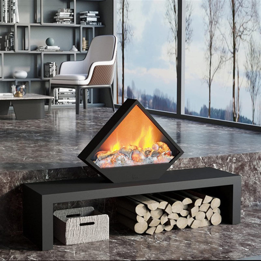 Triangular Steel Electric Fireplace with LED Realistic Flame, Decorative No-Heat Design