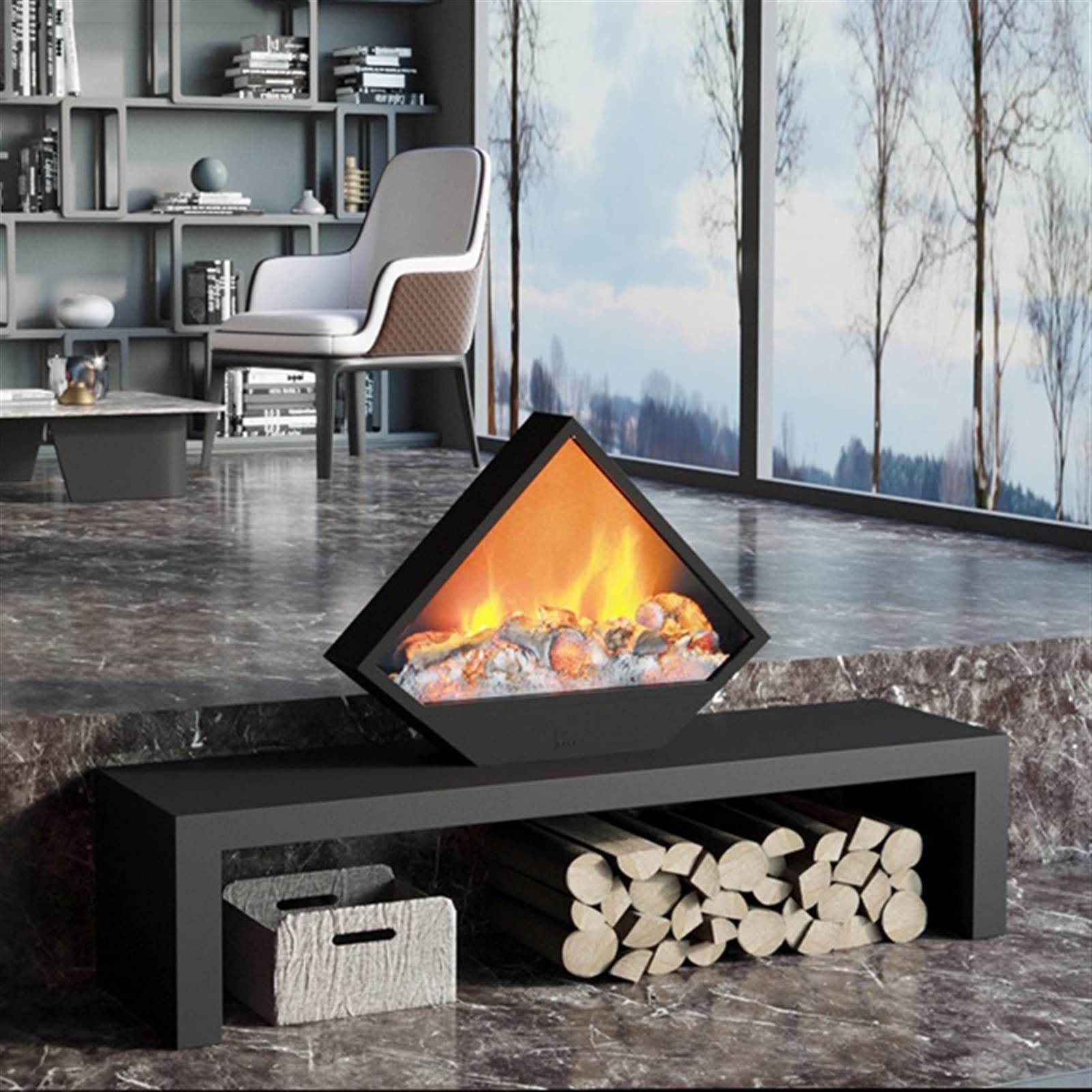 Triangular Steel Electric Fireplace with LED Realistic Flame, Decorative No-Heat Design