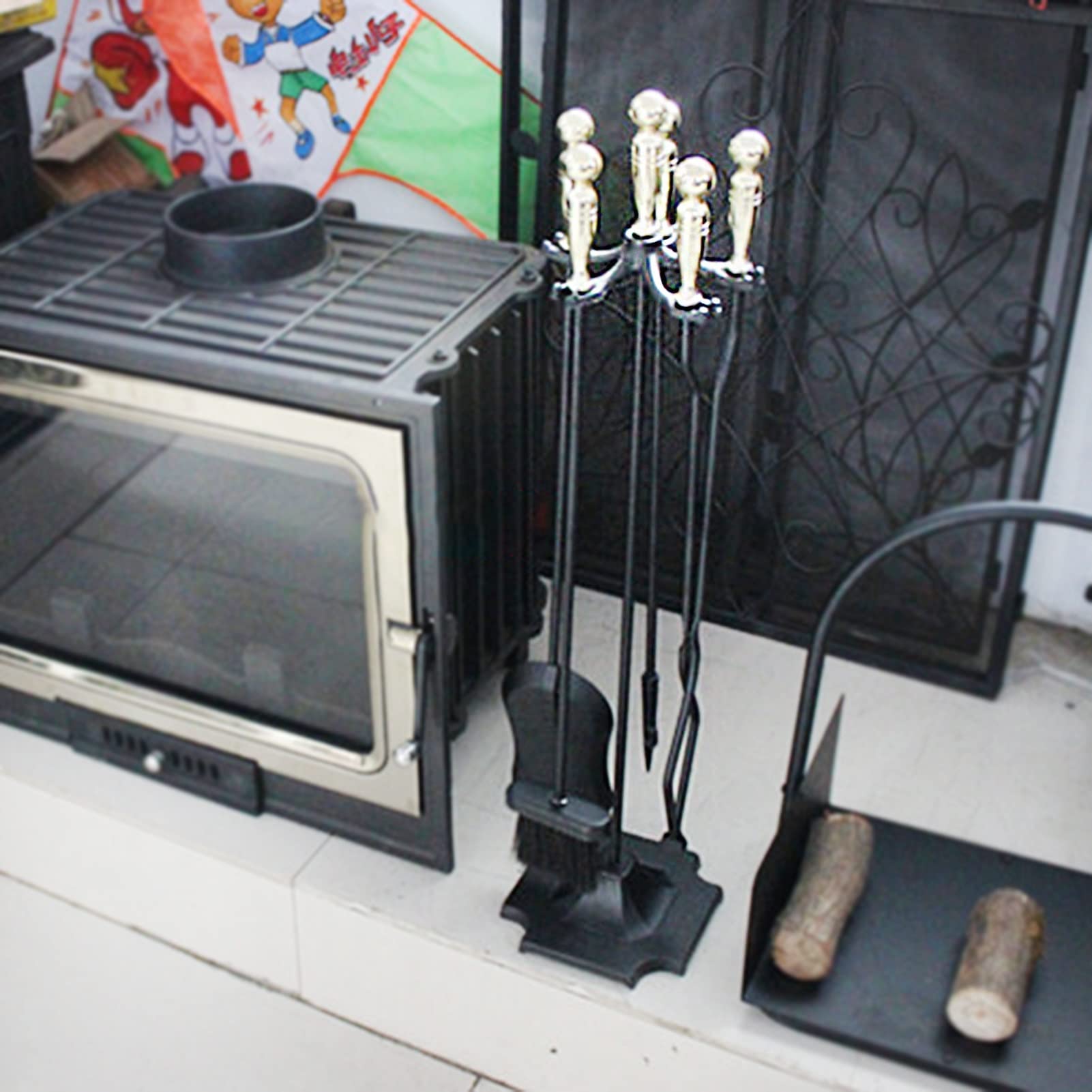 5-Piece Wrought Iron Fireplace Tool Set with Stand, Rust-Resistant Black Finish