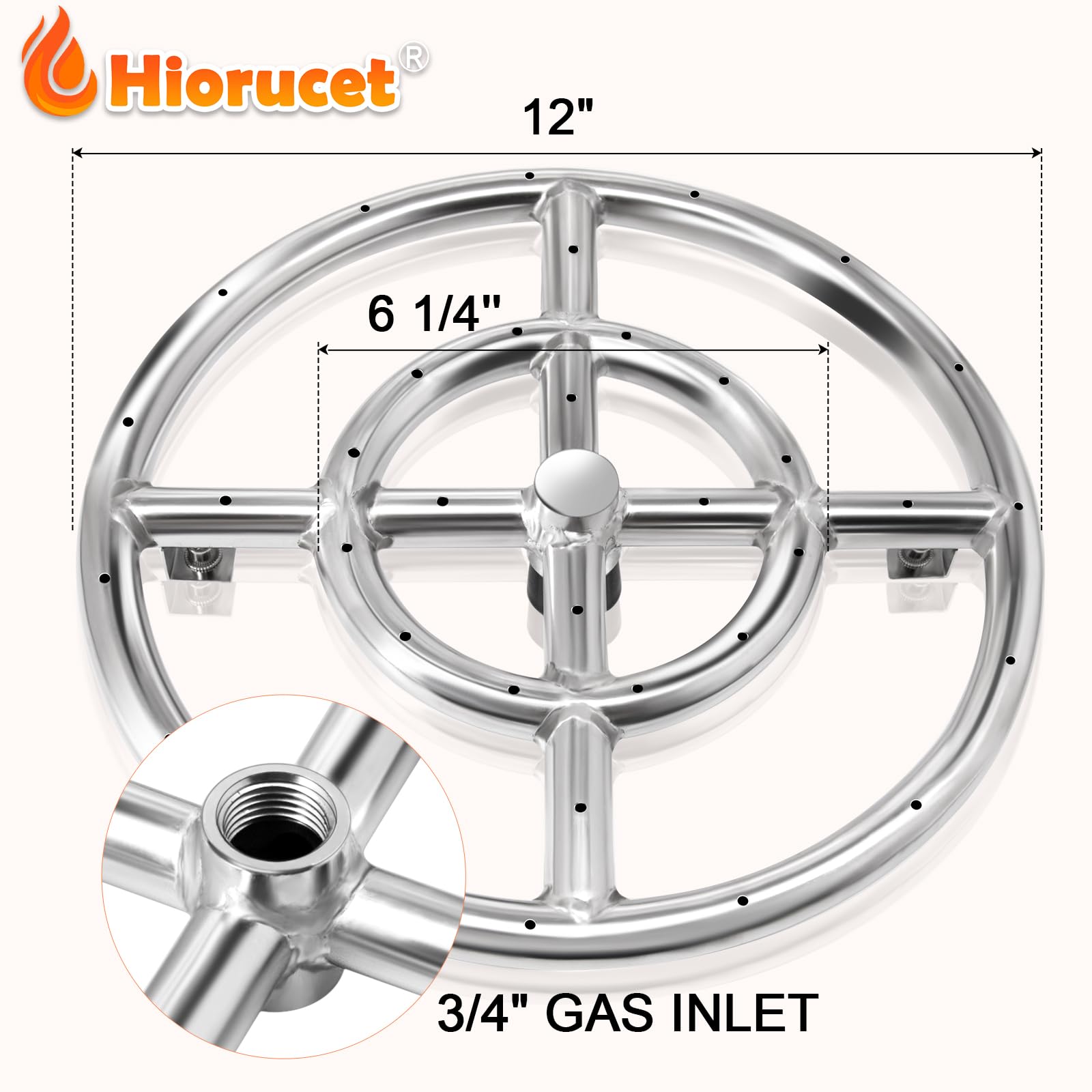 Hiorucet 12'' 18'' 22'' 24'' Round Fire Pit Ring Burner for Natural Gas & Propane Fire Pit Replacement Parts, 304 Stainless Steel Firepit Round Burner Insert.