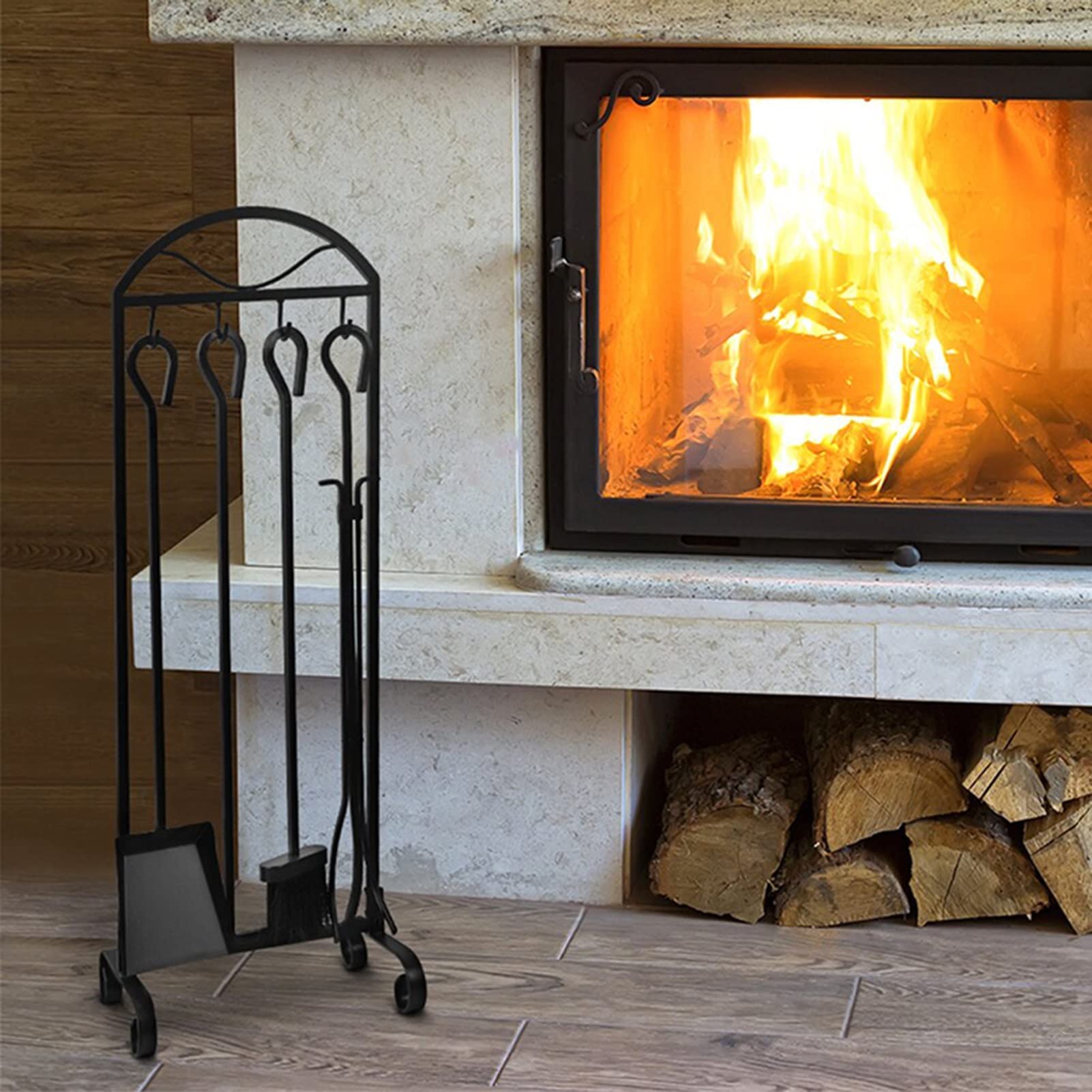 5-Piece Fireplace Tool Set, Hand-Forged Iron Hearth Accessories with Black Finish