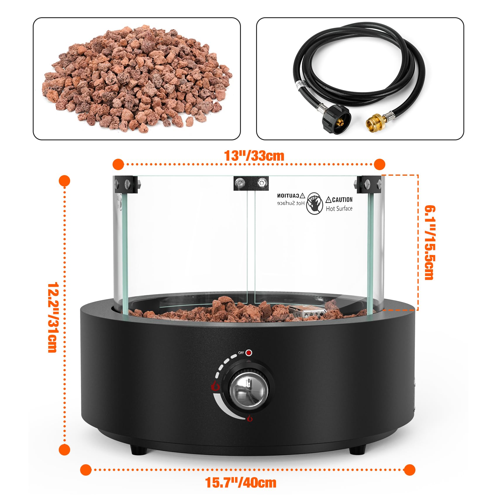 15.7" Portable Propane Fire Pit Tabletop Fireplace with Glass Wind Guard, 23,000 BTU