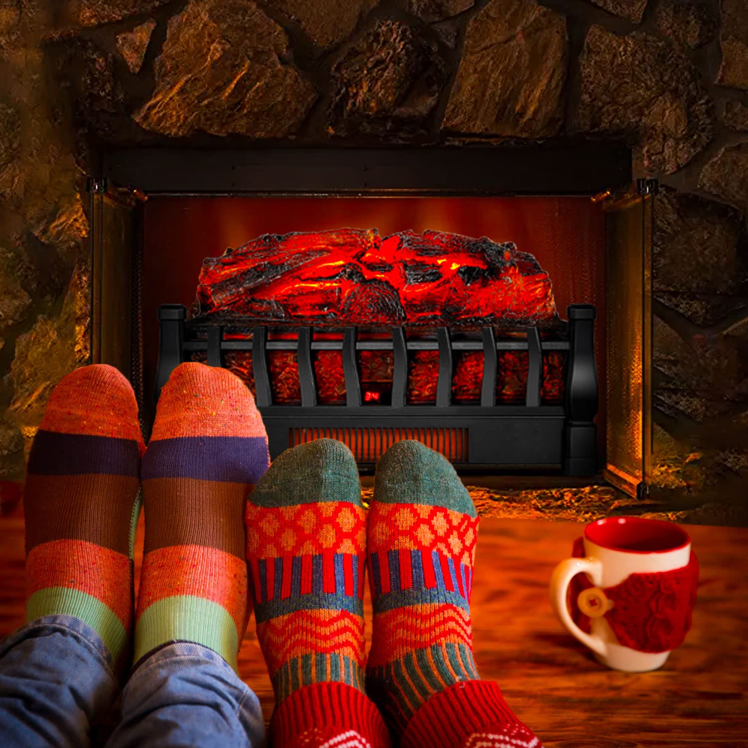Electric Fireplace Log Insert Heater with Remote Control, 5 Flame Brightness Levels & 24-Hour Timer, Black