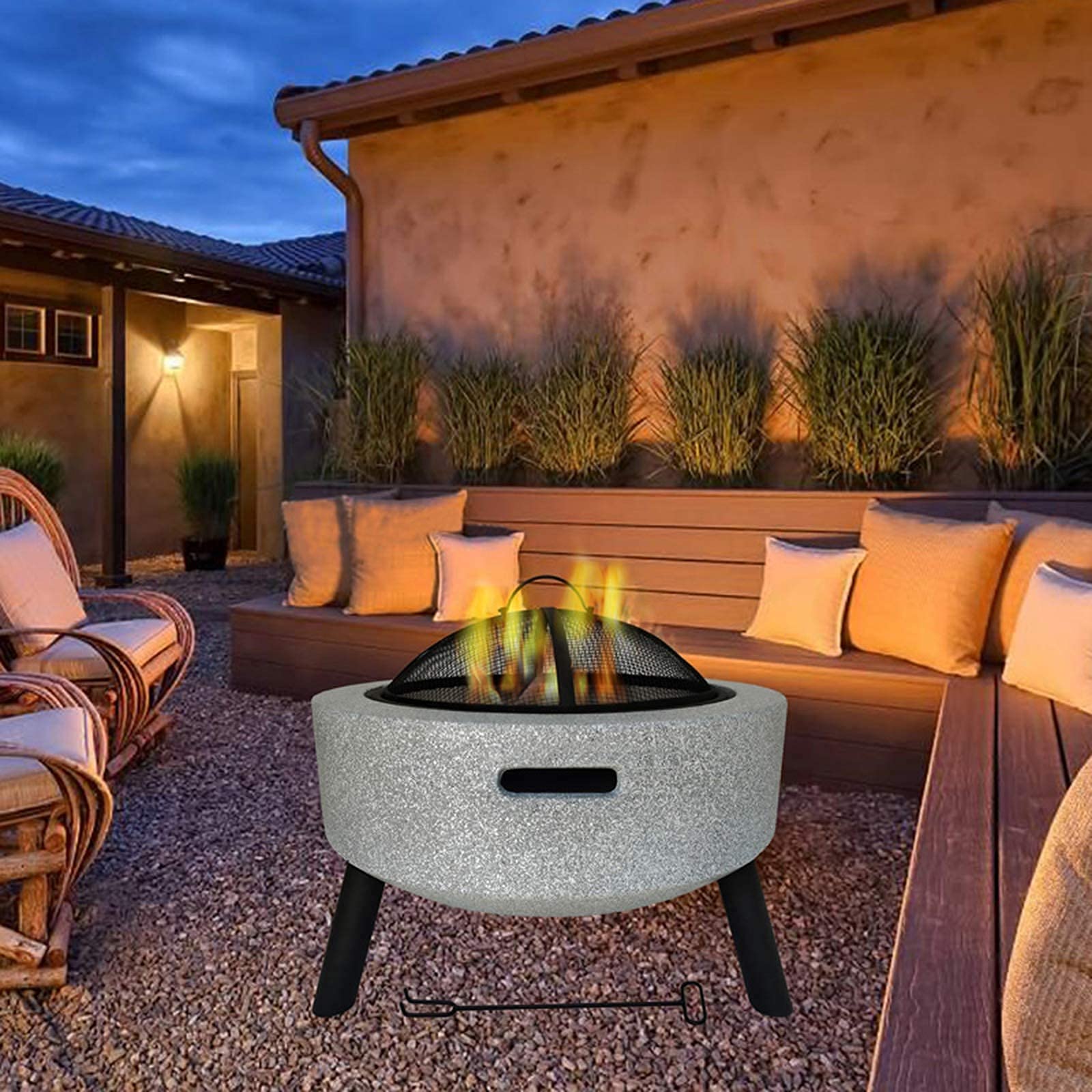 Outdoor Fire Pit Grill with BBQ Grate, Tabletop Heating & Cooking Design for Patio and Camping