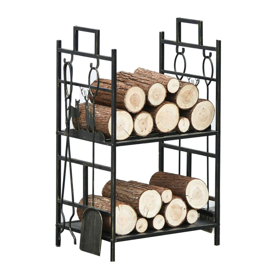 Firewood Rack with 5-Piece Fireplace Tool Set, Heavy-Duty Log Holder for Indoor & Outdoor Use