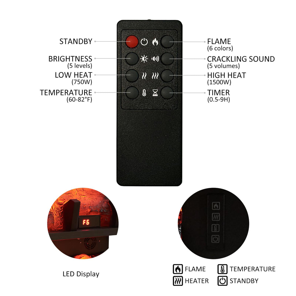 Freestanding Electric Fireplace Log Set Insert with 750W/1500W Heater, 6 Flame Colors & Remote Control