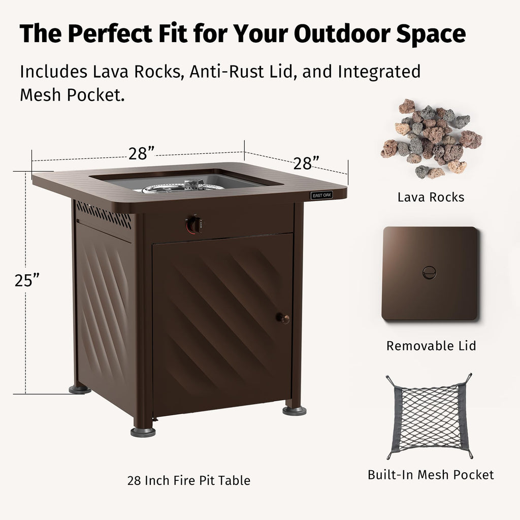 28" Outdoor Propane Fire Pit Table, 52,000 BTU with Lid & Lava Rocks, Brown