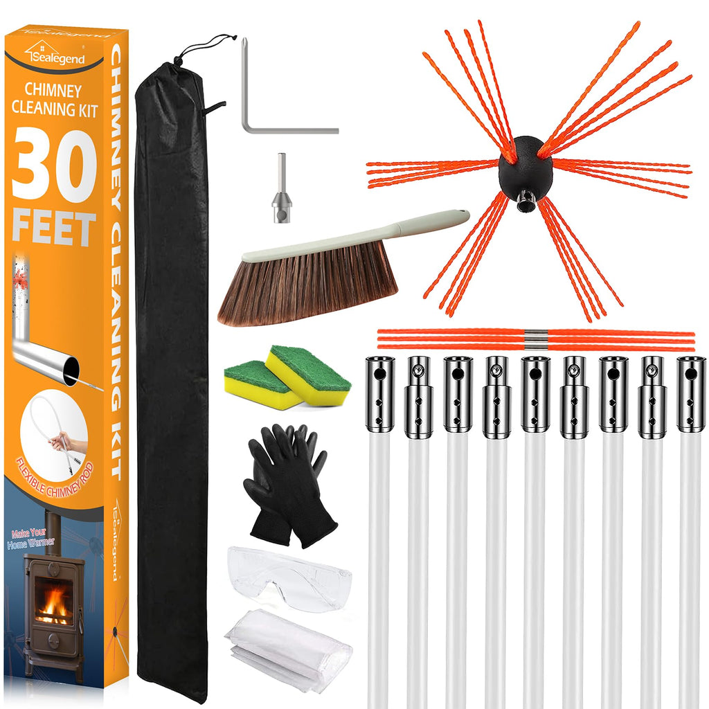 30 ft Chimney Sweep Kit with Rotary Brush and 9 Flexible Nylon Rods for Fireplace Cleaning
