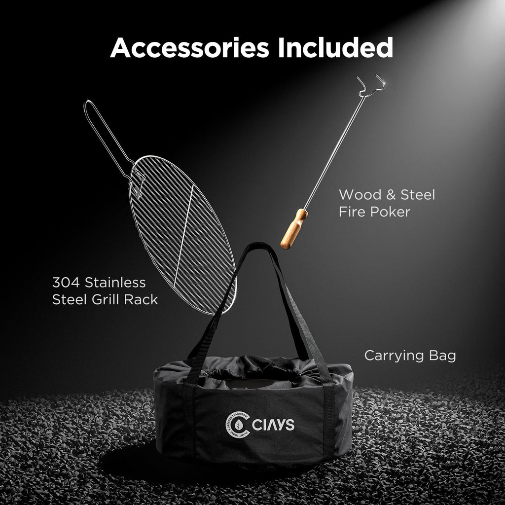 17" Smokeless Wood-Burning Fire Pit with Grill Rack, Fire Poker & Carry Bag
