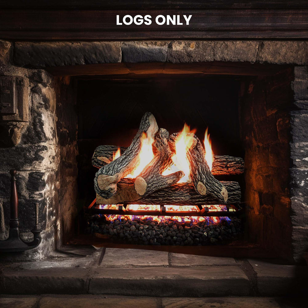 Premium Gas Fireplace Logs for Vented Fireplaces, Oak Design, Natural Gas or Propane Compatible