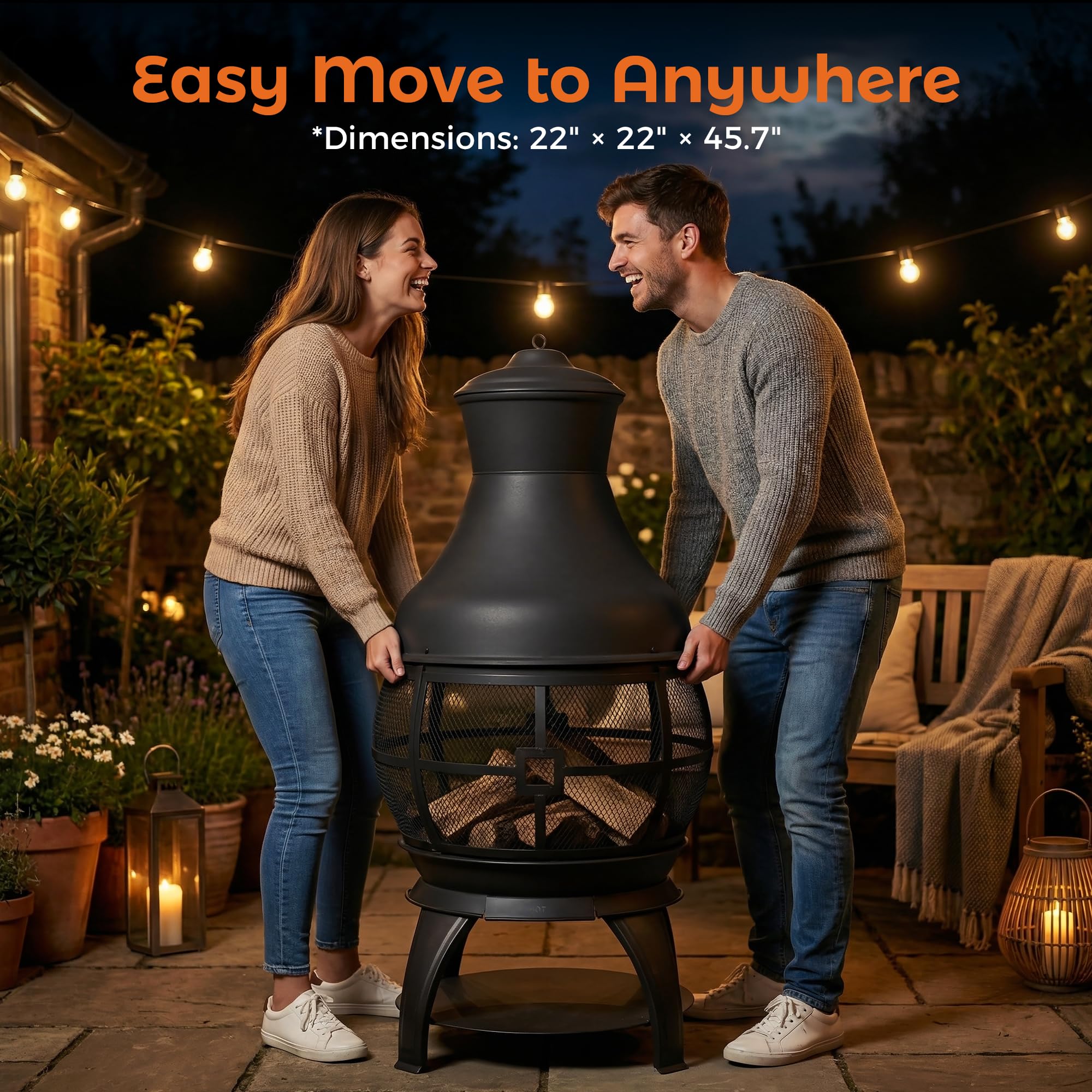 Outdoor Wood-Burning Chiminea Fireplace for Backyard, Garden & Camping, Brown-Black