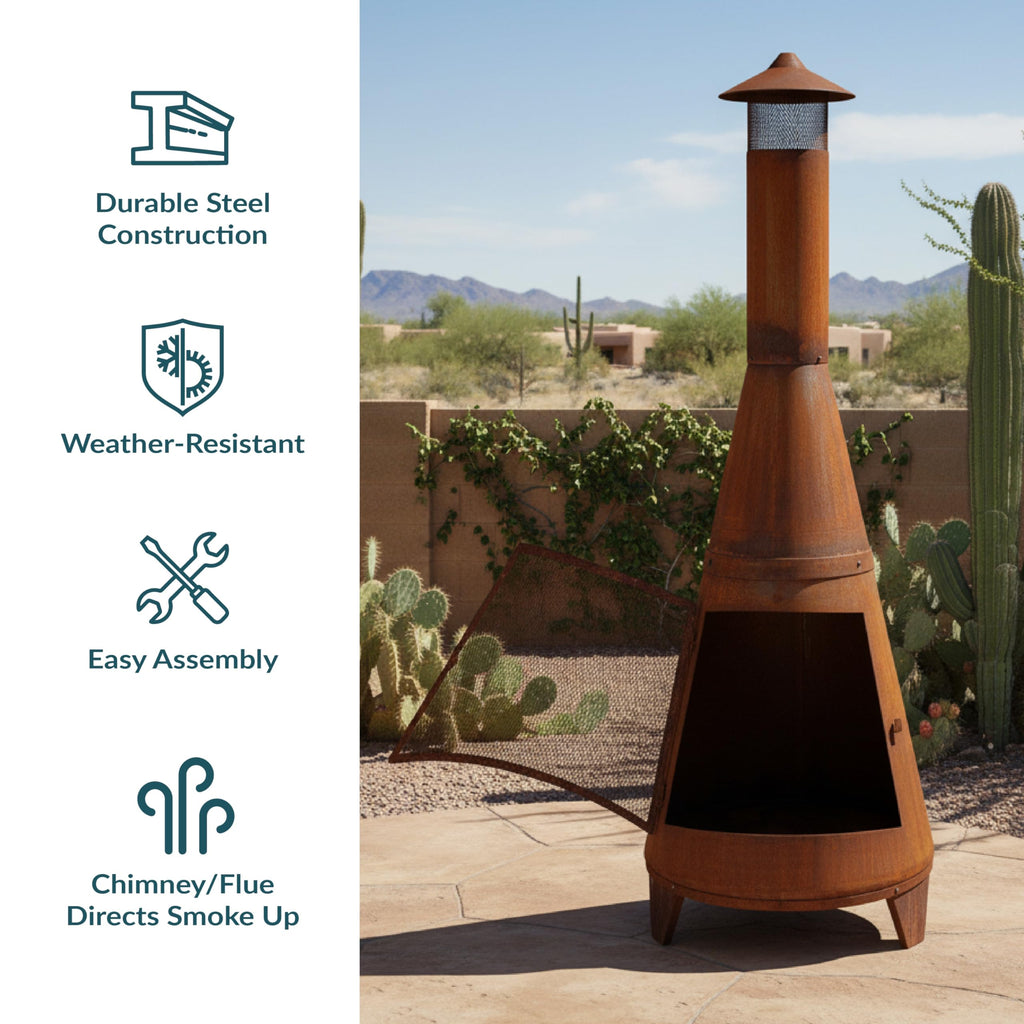 70" Metal Chiminea Outdoor Fireplace, Large Wood-Burning Steel Patio Fire Pit, Black
