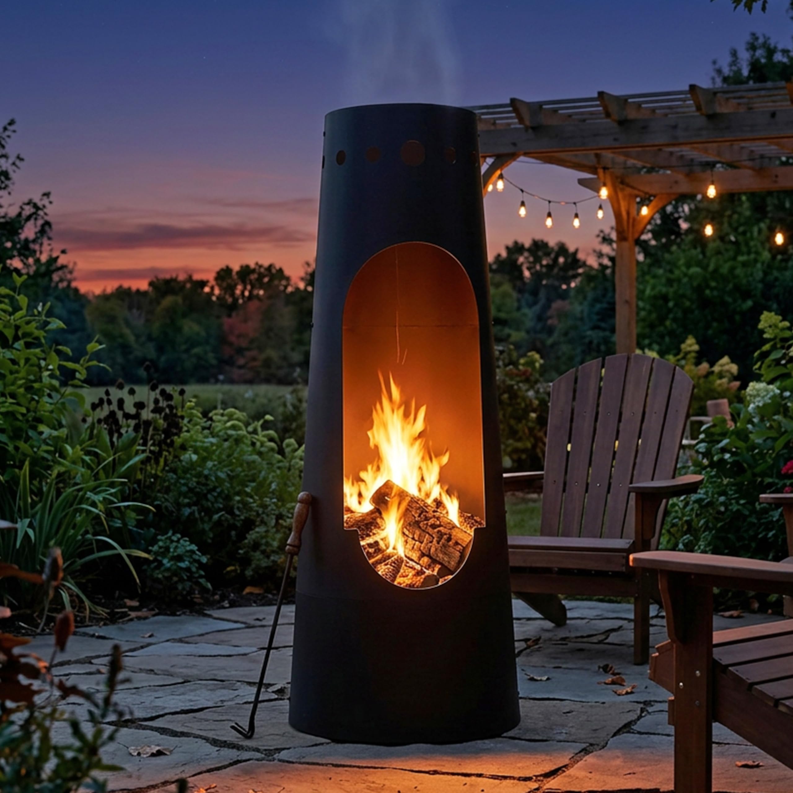 Santa Fe Wood-Burning Chiminea Outdoor Fireplace with Wood Grate & Patina Finish