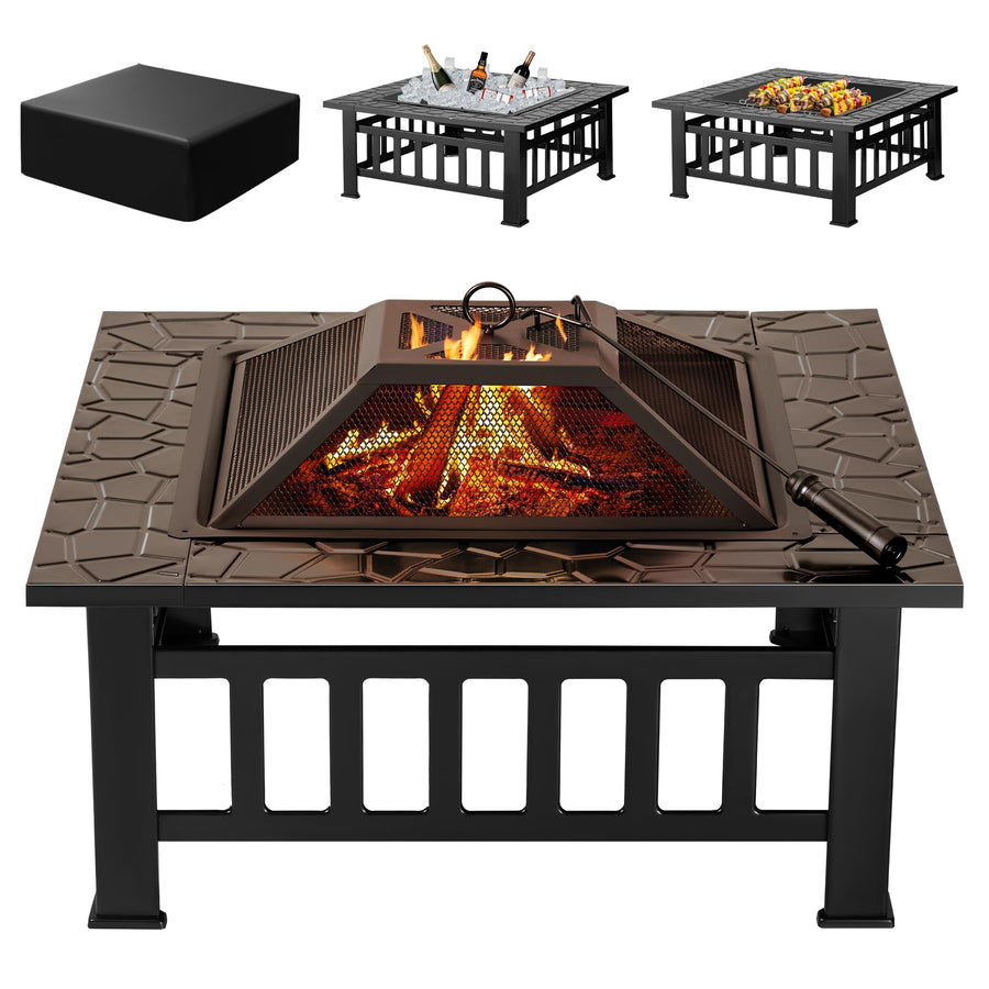 32" Outdoor Fire Pit Table with Waterproof Cover for Patio & Camping Use