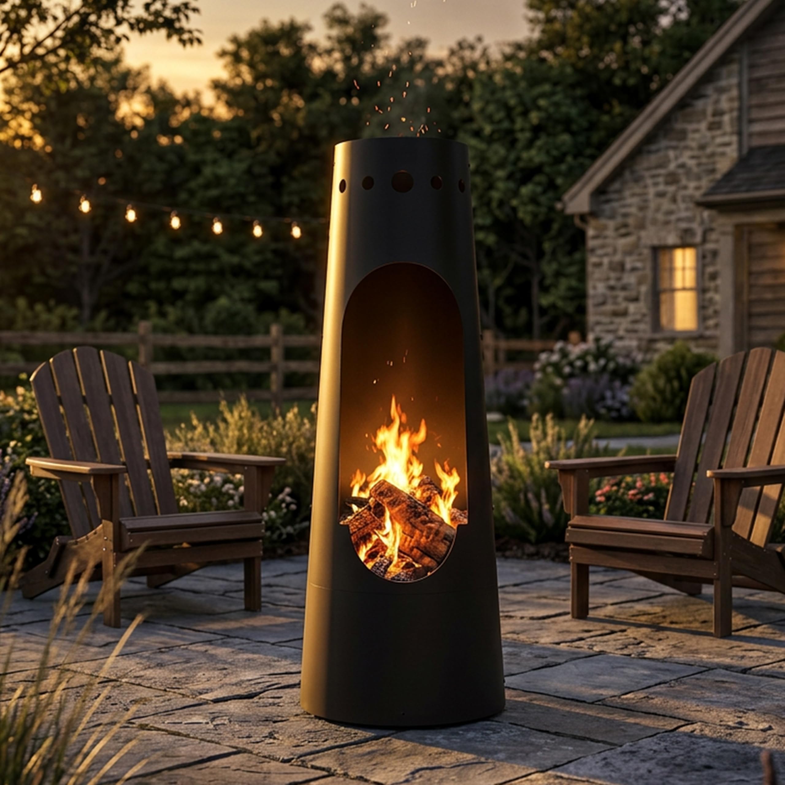 Santa Fe Wood-Burning Chiminea Outdoor Fireplace with Wood Grate & Patina Finish