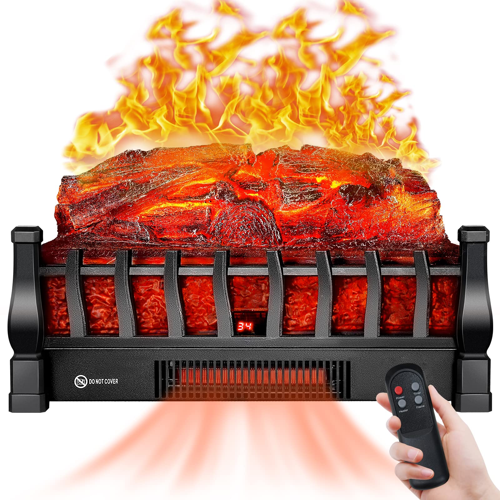 Electric Fireplace Log Insert Heater with Remote Control, 5 Flame Brightness Levels & 24-Hour Timer, Black