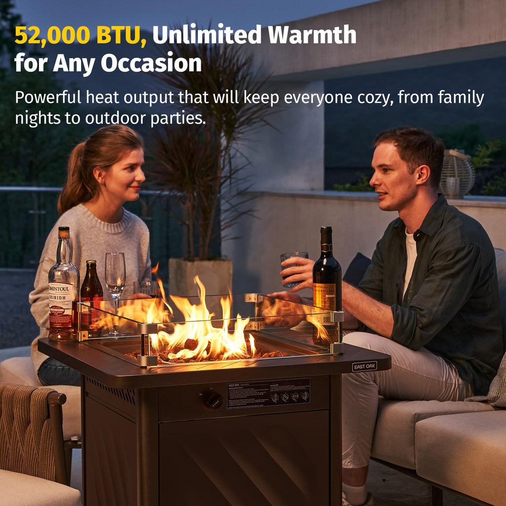 28" Outdoor Propane Fire Pit Table, 52,000 BTU with Lid & Lava Rocks, Brown