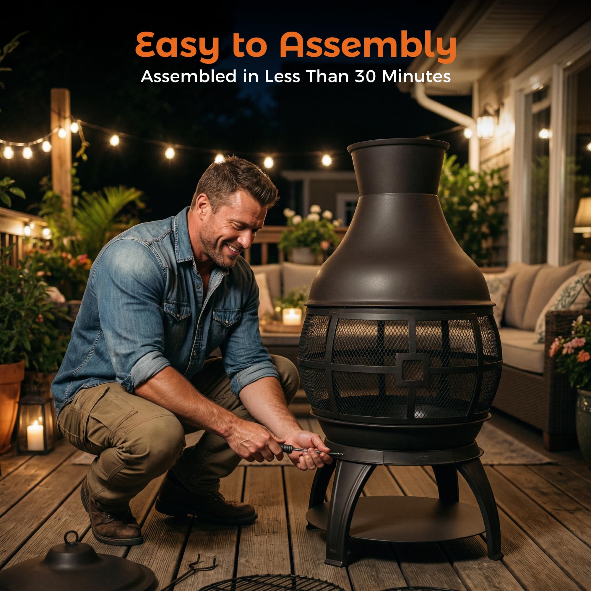 Outdoor Wood-Burning Chiminea Fireplace for Backyard, Garden & Camping, Brown-Black