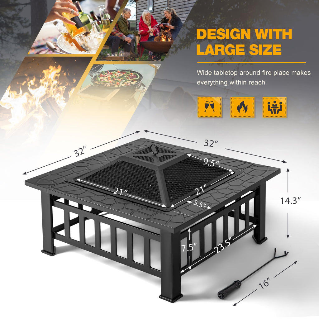 32" Outdoor Fire Pit Table with Waterproof Cover for Patio & Camping Use