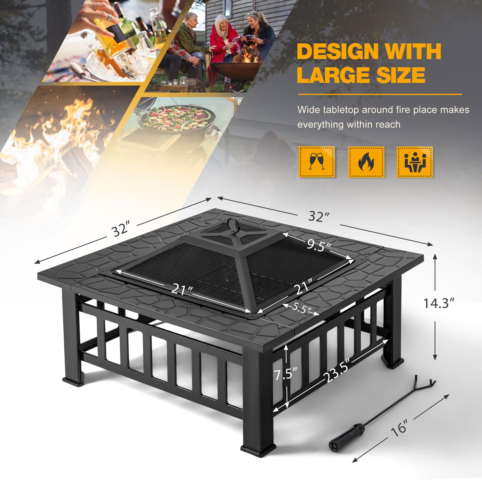 32" Outdoor Fire Pit Table with Waterproof Cover for Patio & Camping Use