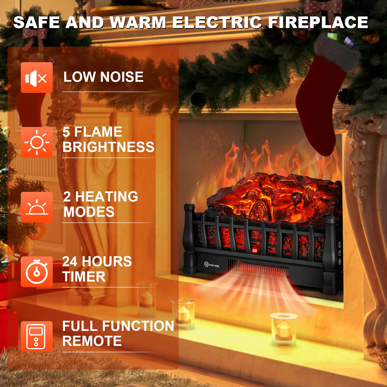 Electric Fireplace Log Insert Heater with Remote Control, 5 Flame Brightness Levels & 24-Hour Timer, Black