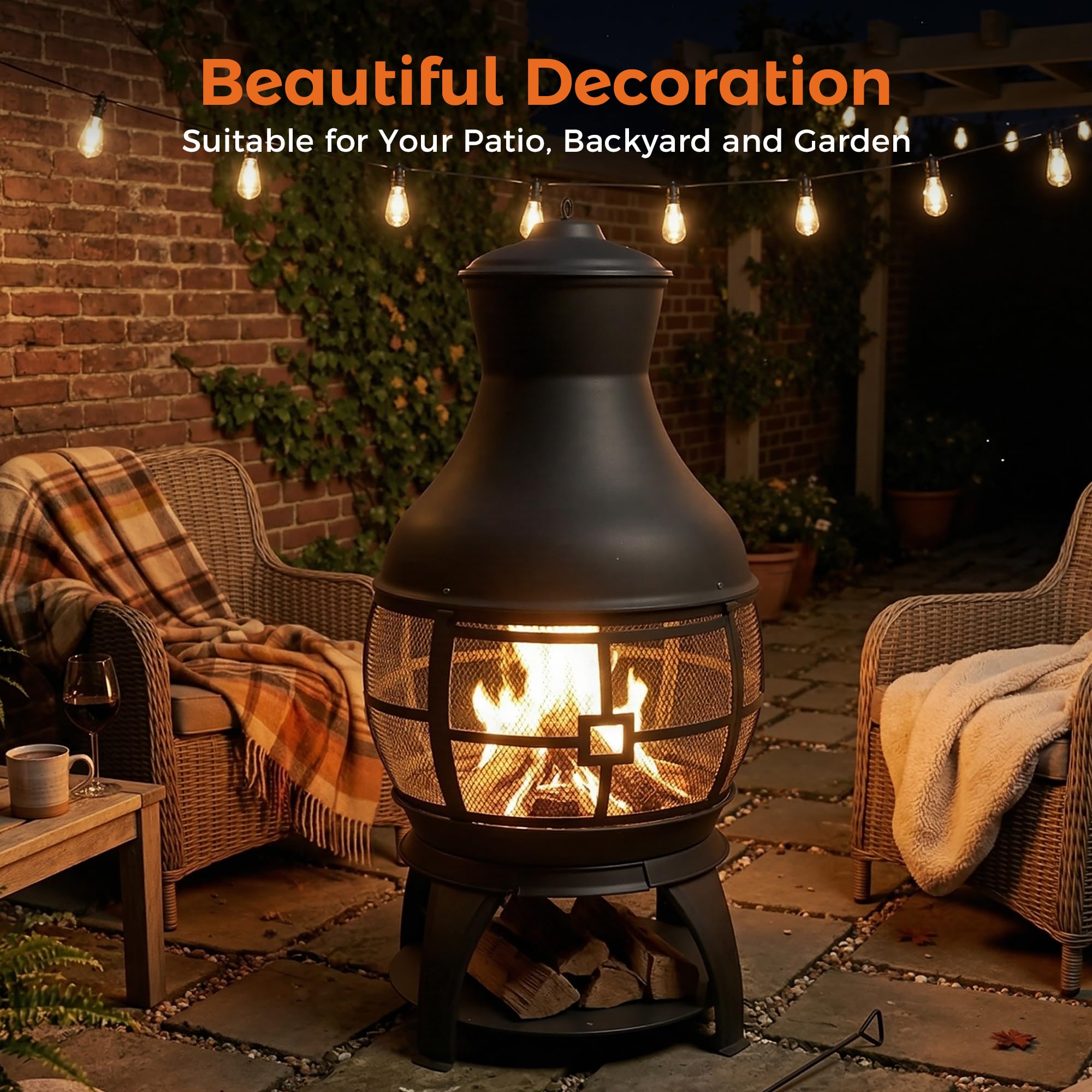 Outdoor Wood-Burning Chiminea Fireplace for Backyard, Garden & Camping, Brown-Black