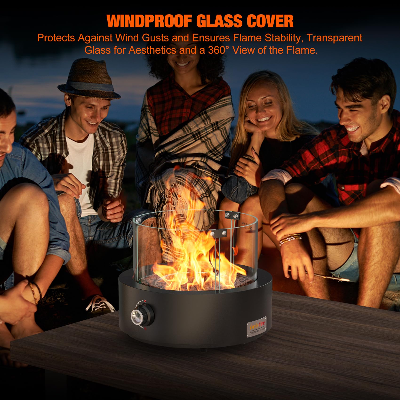 15.7" Portable Propane Fire Pit Tabletop Fireplace with Glass Wind Guard, 23,000 BTU