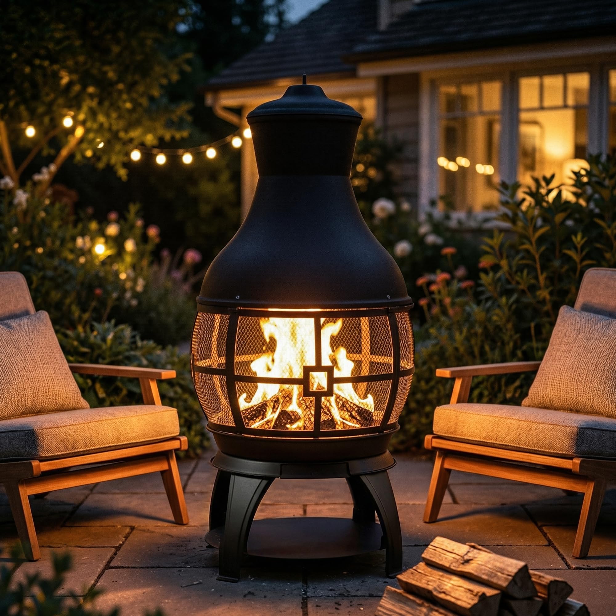 Outdoor Wood-Burning Chiminea Fireplace for Backyard, Garden & Camping, Brown-Black