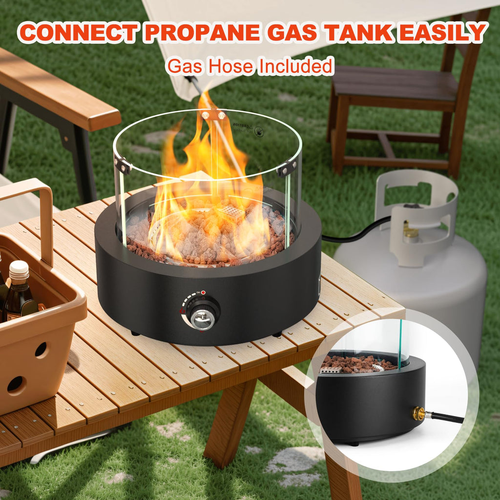 15.7" Portable Propane Fire Pit Tabletop Fireplace with Glass Wind Guard, 23,000 BTU