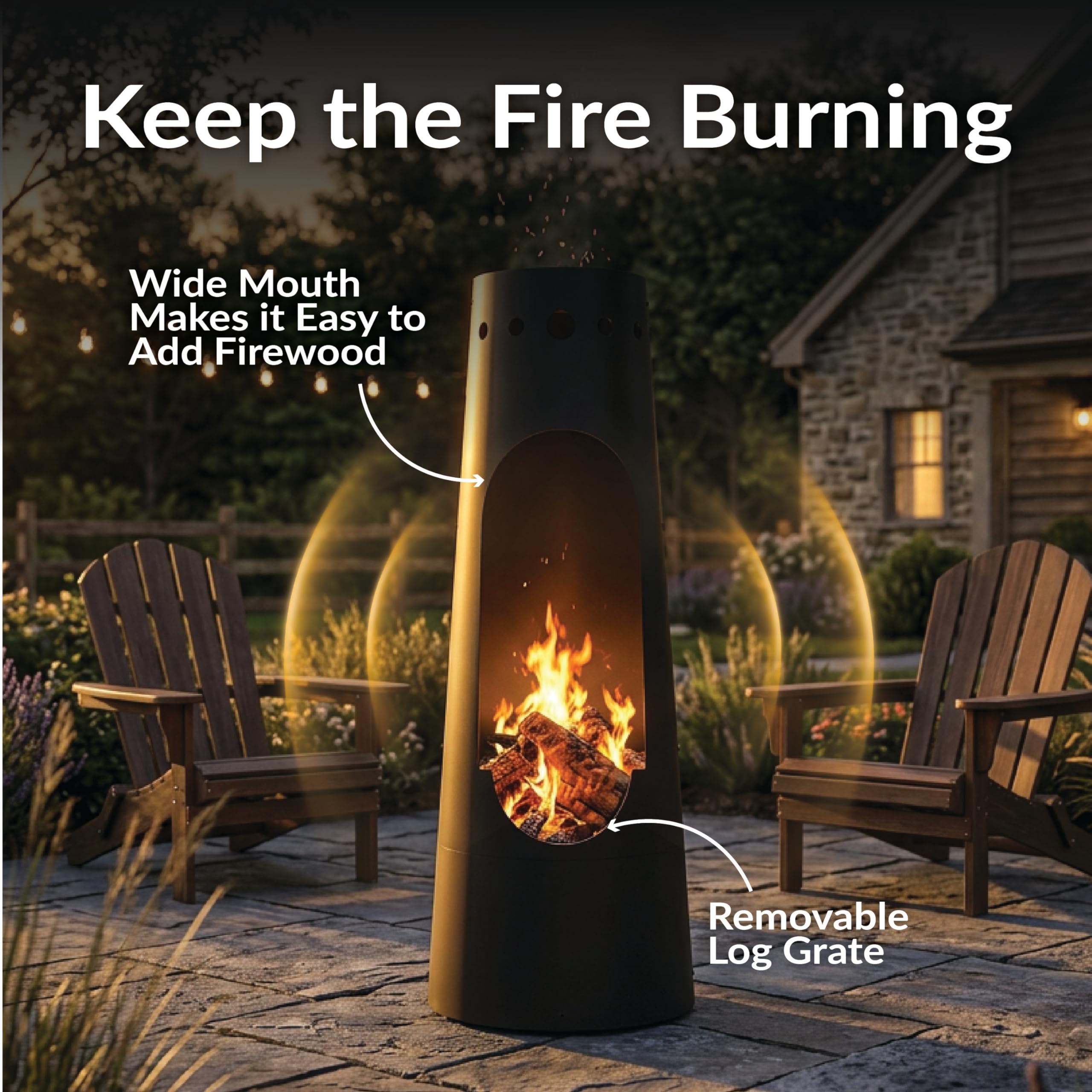 Santa Fe Wood-Burning Chiminea Outdoor Fireplace with Wood Grate & Patina Finish