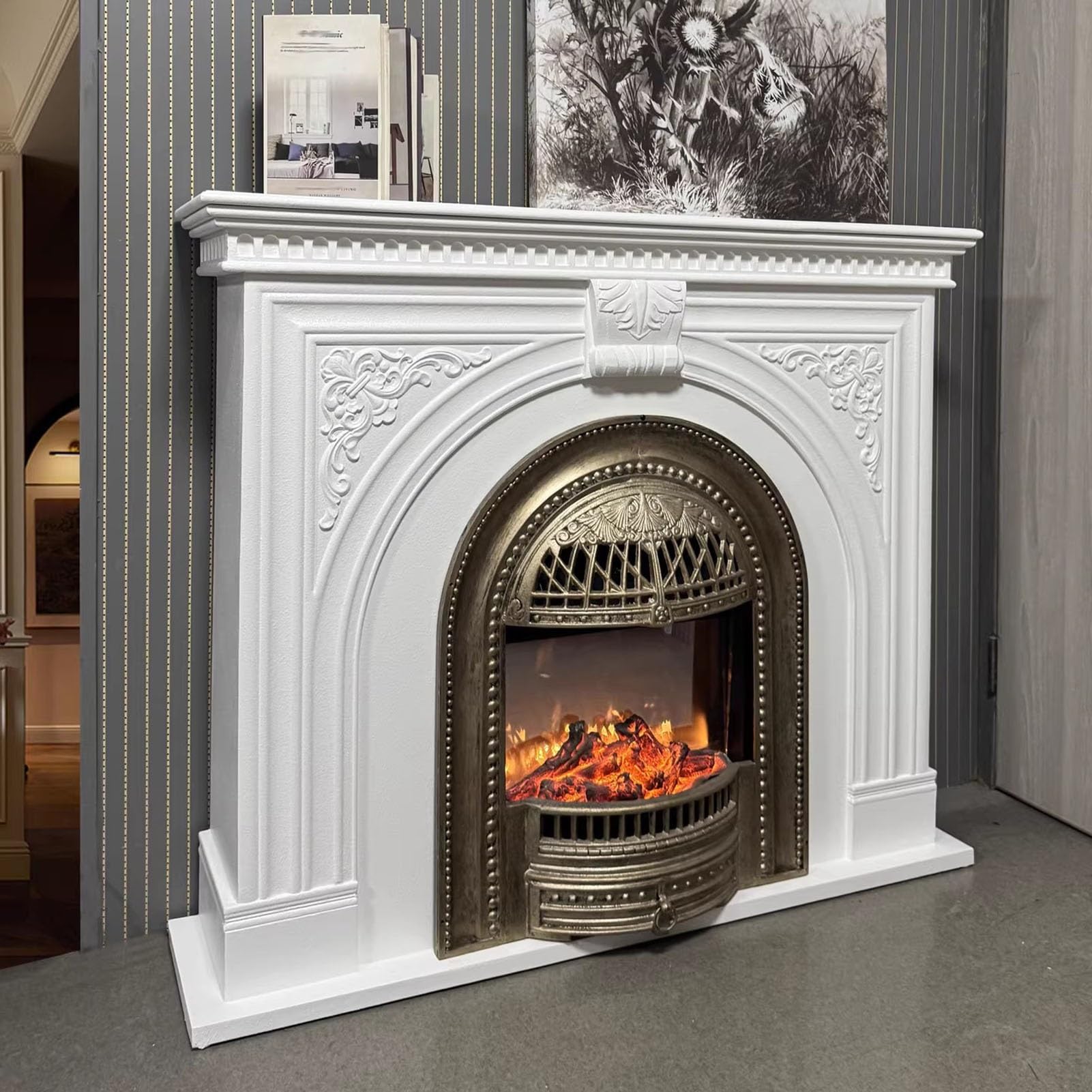 European Carved Fireplace Storage Cabinet with Simulated Flame & Heating Function