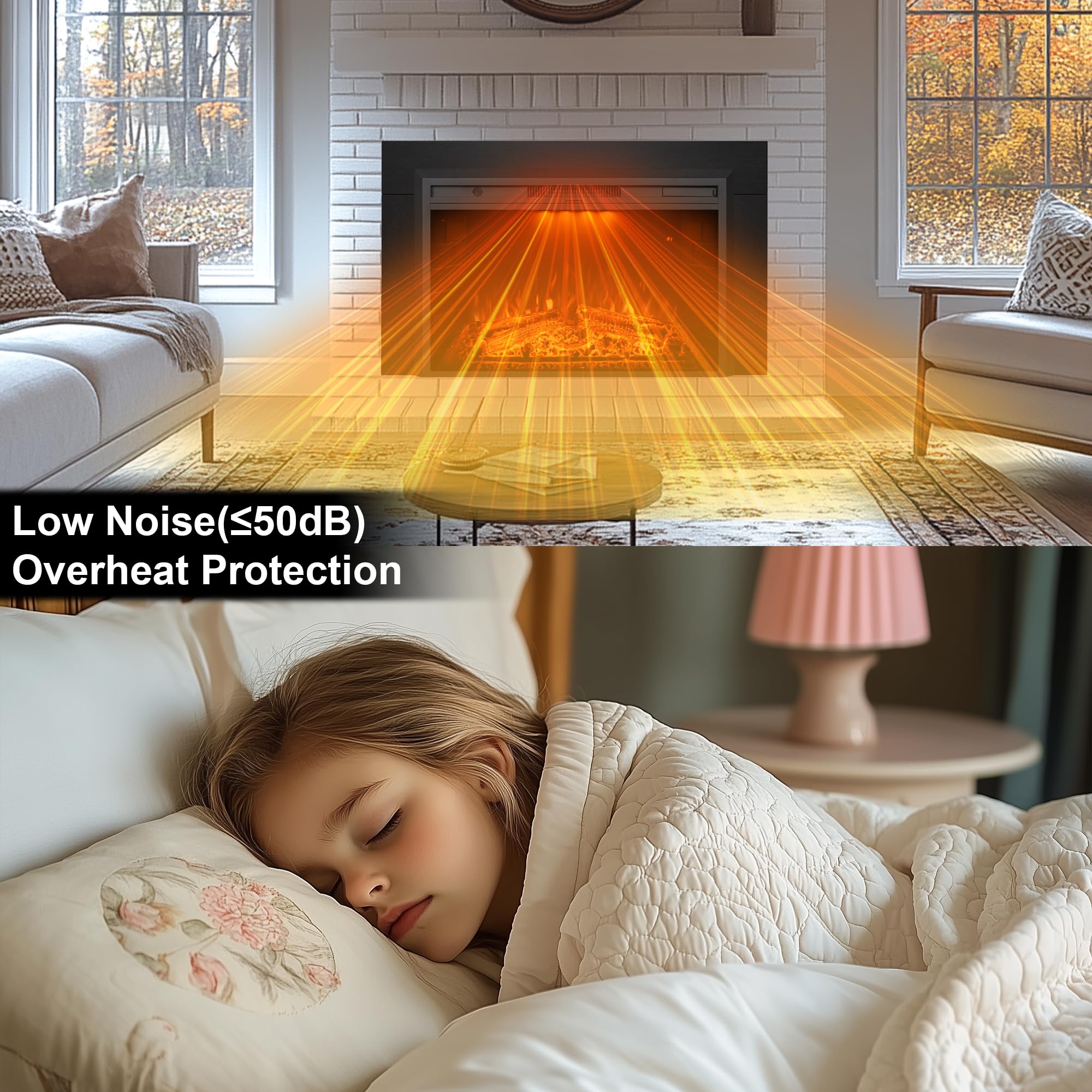 Electric Fireplace Insert with Trim Kit, Crackling Sound, Mood Lighting & Remote Control, 1500W, Black