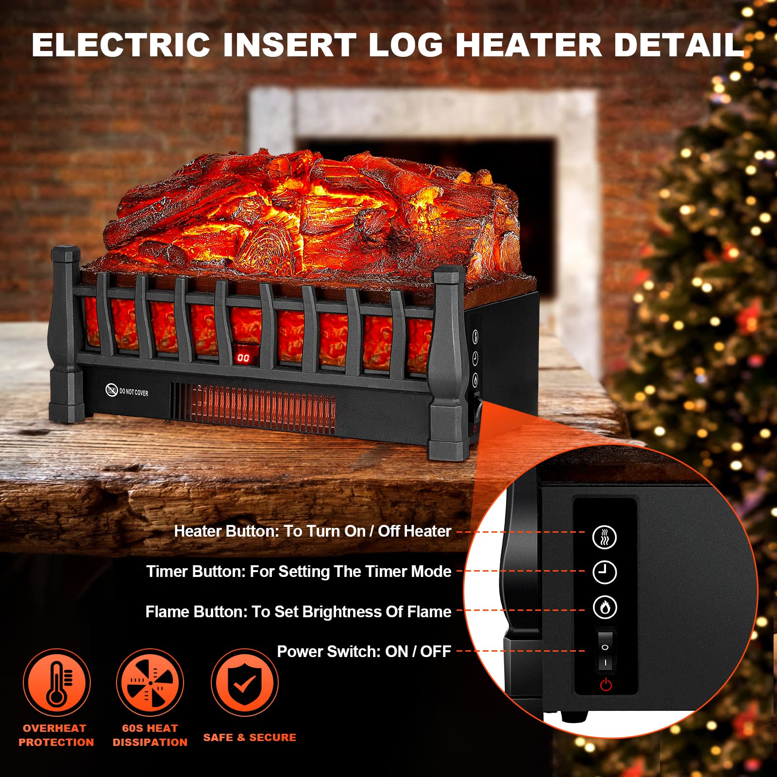 Electric Fireplace Log Insert Heater with Remote Control, 5 Flame Brightness Levels & 24-Hour Timer, Black