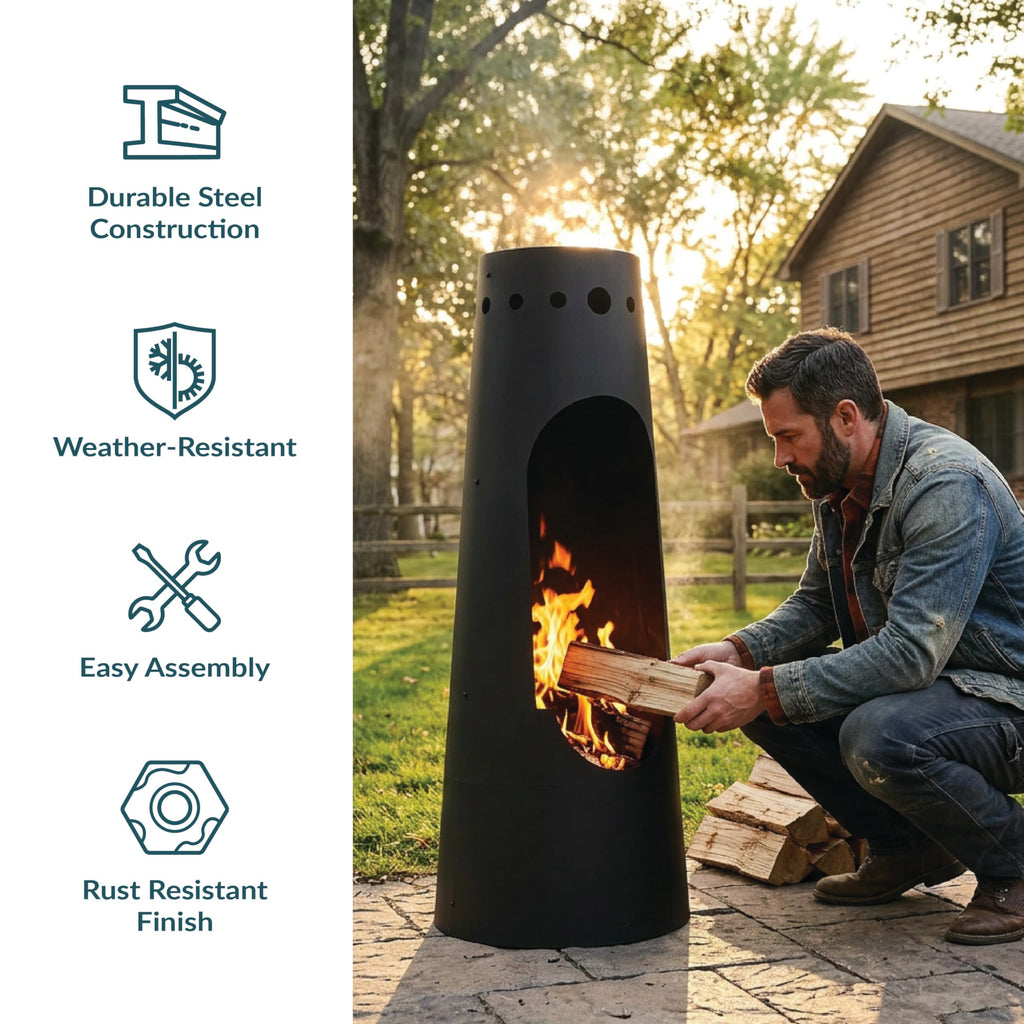 Santa Fe Wood-Burning Chiminea Outdoor Fireplace with Wood Grate & Patina Finish
