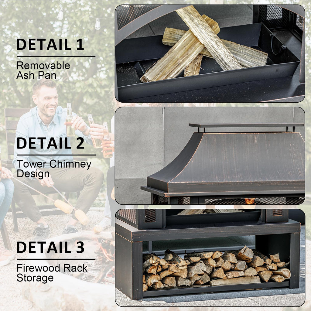 39" Wood-Burning Outdoor Fireplace with Chimney, Wood Storage, Spark Screen & Fire Poker