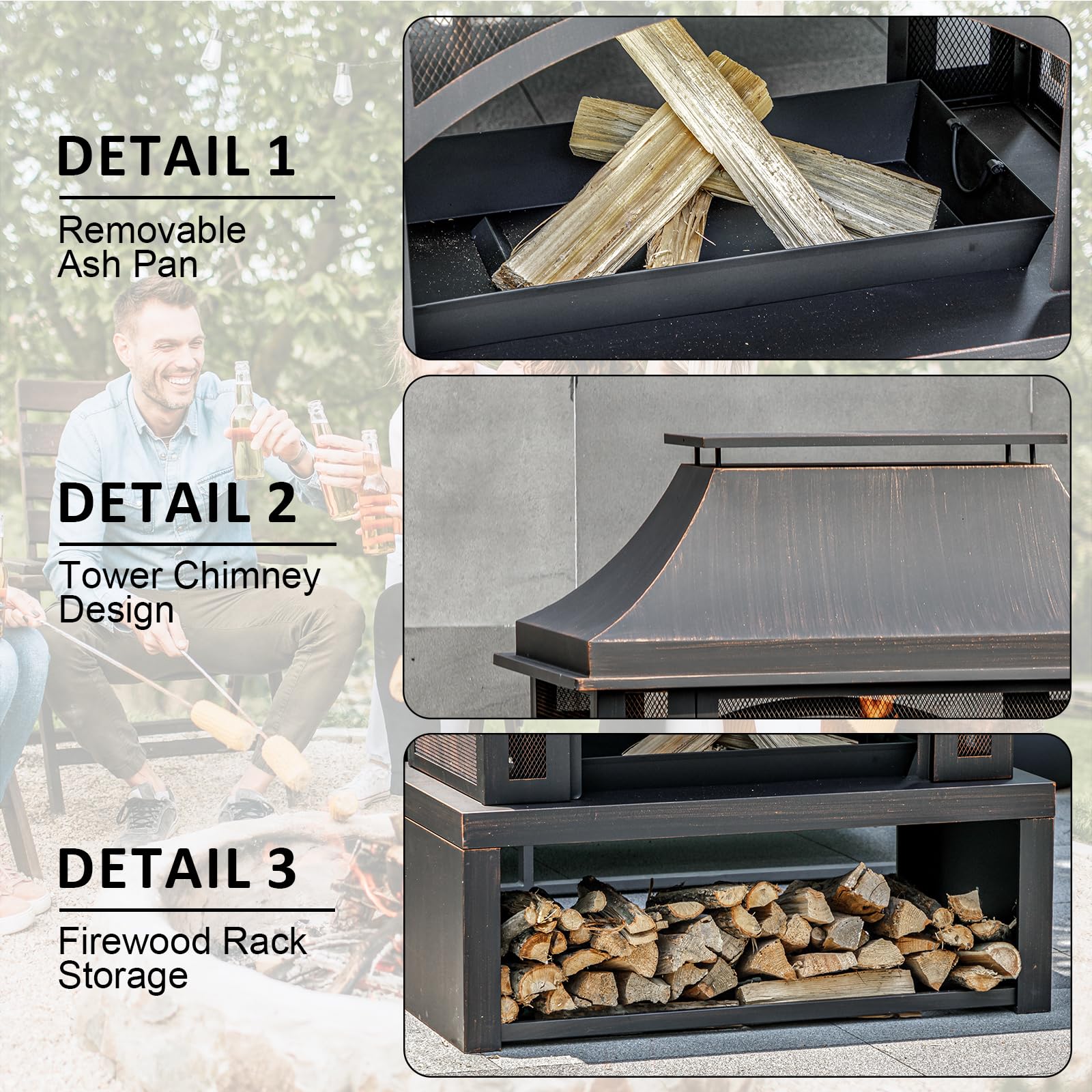 39" Wood-Burning Outdoor Fireplace with Chimney, Wood Storage, Spark Screen & Fire Poker