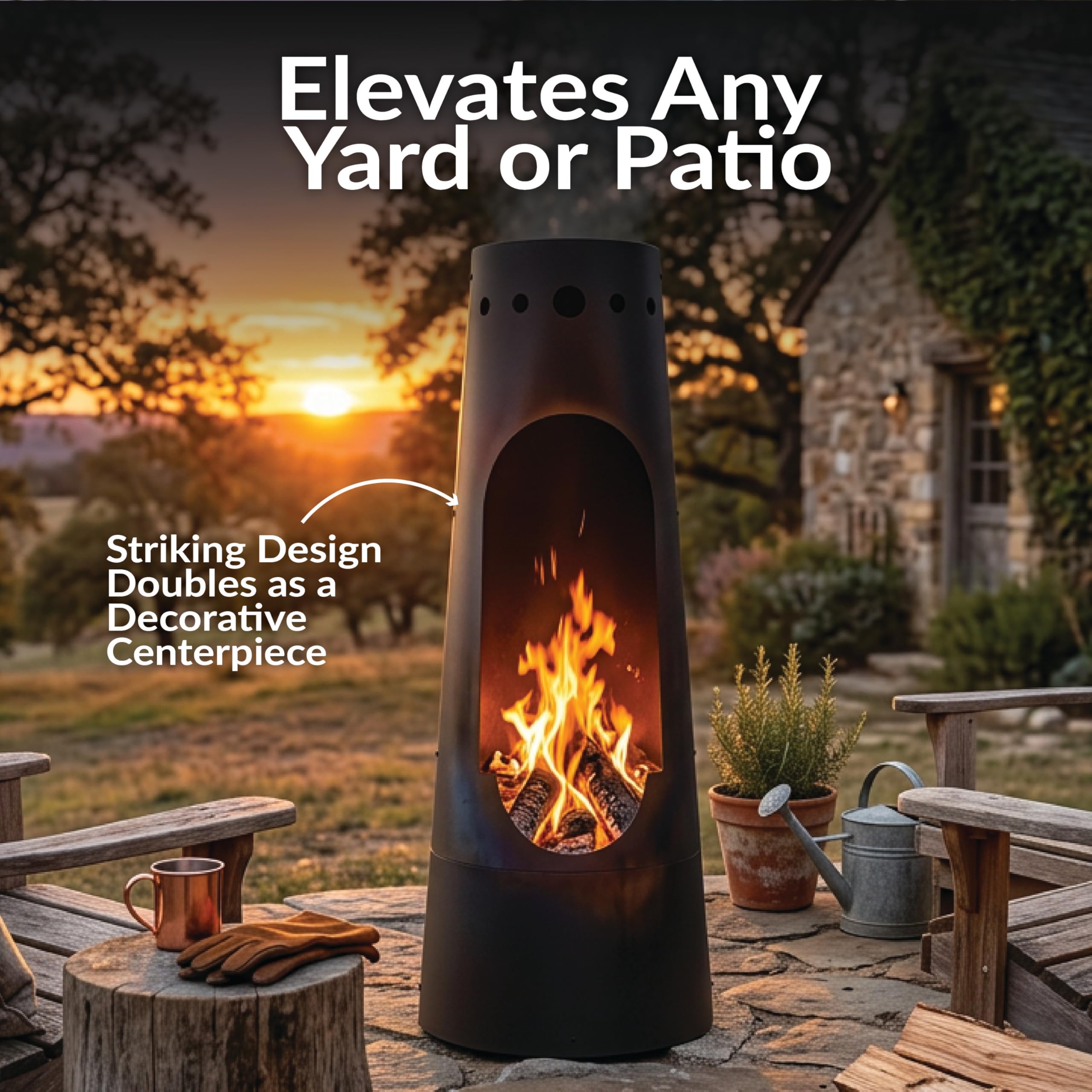 Santa Fe Wood-Burning Chiminea Outdoor Fireplace with Wood Grate & Patina Finish