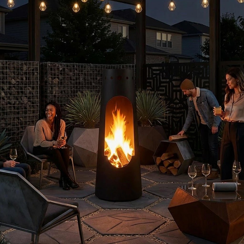Santa Fe Wood-Burning Chiminea Outdoor Fireplace with Wood Grate & Patina Finish