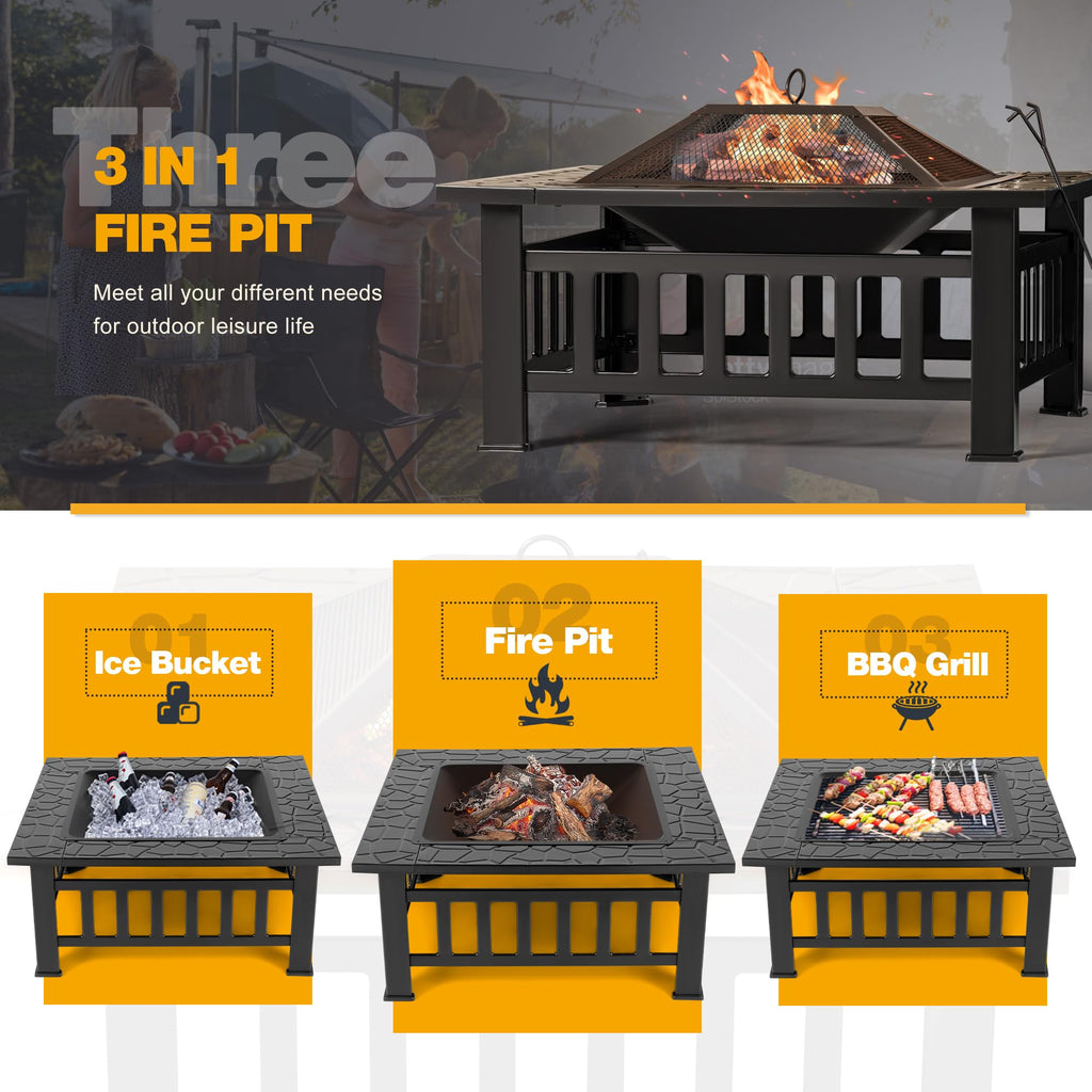 32" Outdoor Fire Pit Table with Waterproof Cover for Patio & Camping Use