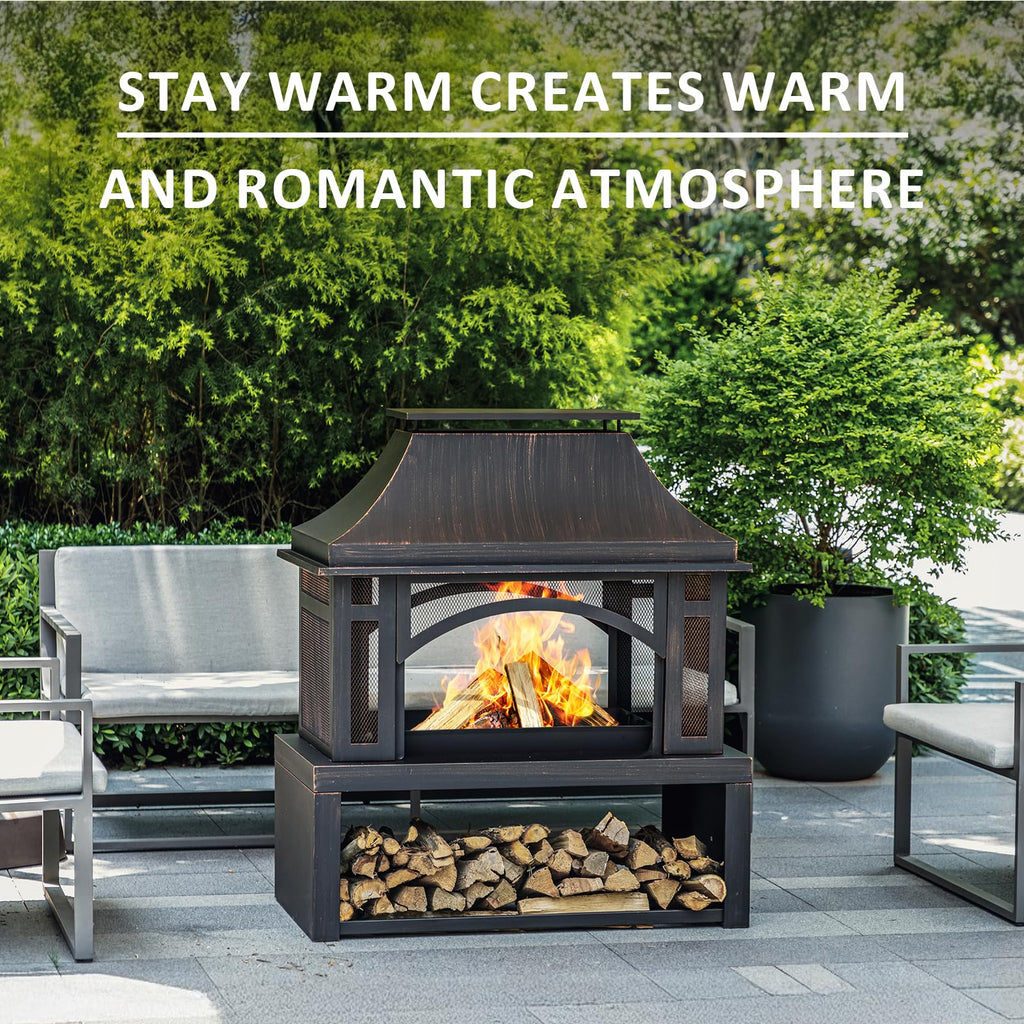 39" Wood-Burning Outdoor Fireplace with Chimney, Wood Storage, Spark Screen & Fire Poker