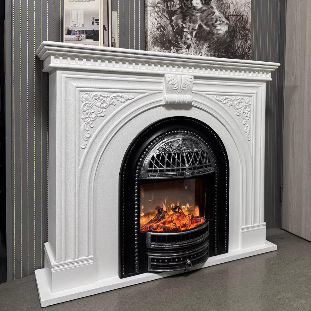 European Carved Fireplace Storage Cabinet with Simulated Flame & Heating Function